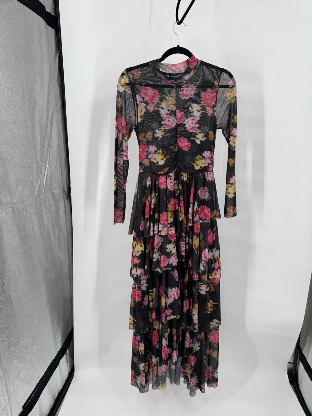 Ted Baker Sheer Floral Tiered Long-Sleeve Midi Dress in Black and Pink